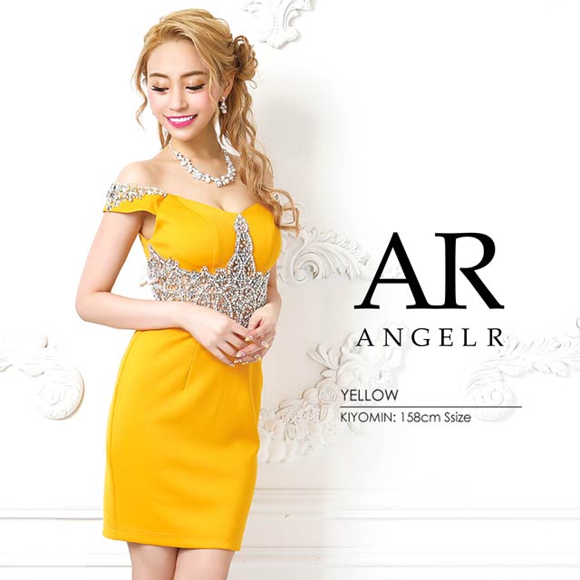 AngelR]ウエストシアーパール&ビジューオフショルダータイトミニドレス