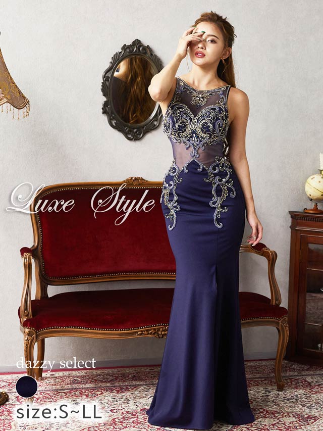 LuxeStyle]ゴージャスビジュー刺繍スリットロングマーメイドドレス 