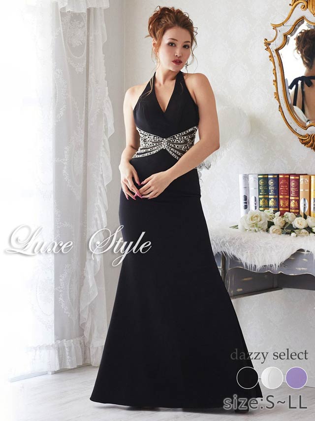 LuxeStyle]ホルターネックウエストシアービジュータイトロングドレス