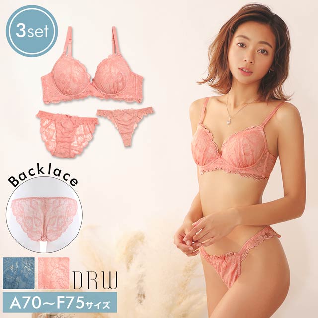 3点セット】シンプル総レースブラジャー&バック透けフルバック&Tバック