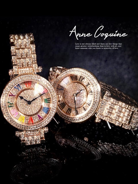[全2種]Anne Coquine-アンコキーヌ- ぐるぐる時計ステンレス×ビジュー3連ブレスビッグフェイスウォッチ