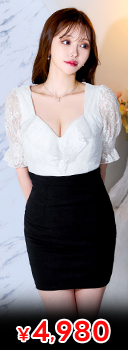 7/3新作!上品なレース五分袖の透け感×大胆谷間魅せで大人色っぽ♪バイカラーでくびれ詐欺を叶えるコスパ最強タイトミニ丈キャバドレス[SML/3サイズ展開]