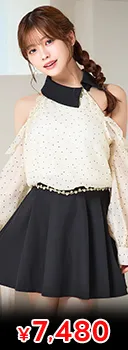 ドット柄シアー袖×肩見せオフショル♪あざと可愛く視線奪うビジューAラインミニ丈キャバドレス[SML/3サイズ展開]