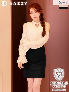  可愛い系になれる♪SEXYな肩見せオフショルにシフォン長袖で二の腕カバーするミニ丈キャバドレス[SML/3サイズ展開]