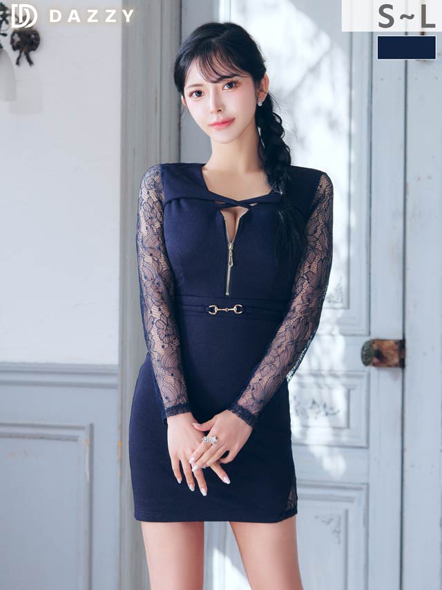 5/15新作!谷間ジップで盛れる♪透けるレース袖＆ベルトモチーフがSEXY