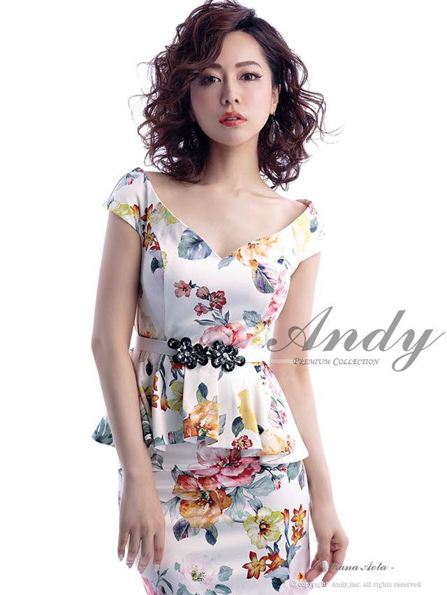 Andy]ベルト付水彩花柄ペプラムタイトミニドレス[AN-OK1315]の  