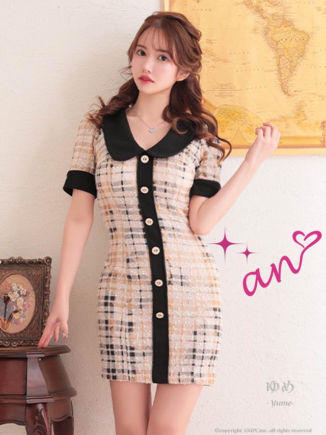 [an]ボタンデザイン襟付きツイードタイトミニドレス[AOC-3370] 7/24再入荷!【ポイント20倍】[an]ボタンデザイン襟付きツイード