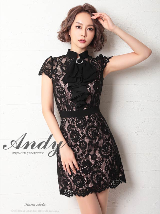 襟付きリボンフリルタイトミニドレス/キャバドレス Andy]フラワーレースネックリボンフリルタイトミニ丈キャバドレス[AN