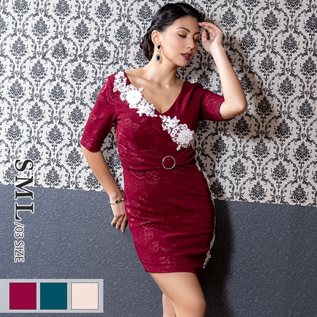 9/21まで半額SALE![mydress]上品レースライン5分袖美ラインタイトミニ 