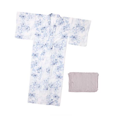 明日花キララ着用[3点SET]白地×水墨画風ブルー花柄【2024年新作/YUKATA