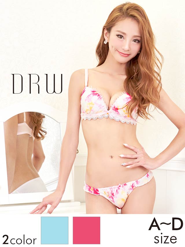 サテンリボンxケミカルレース付水彩Flowerブラジャー＆フルバック