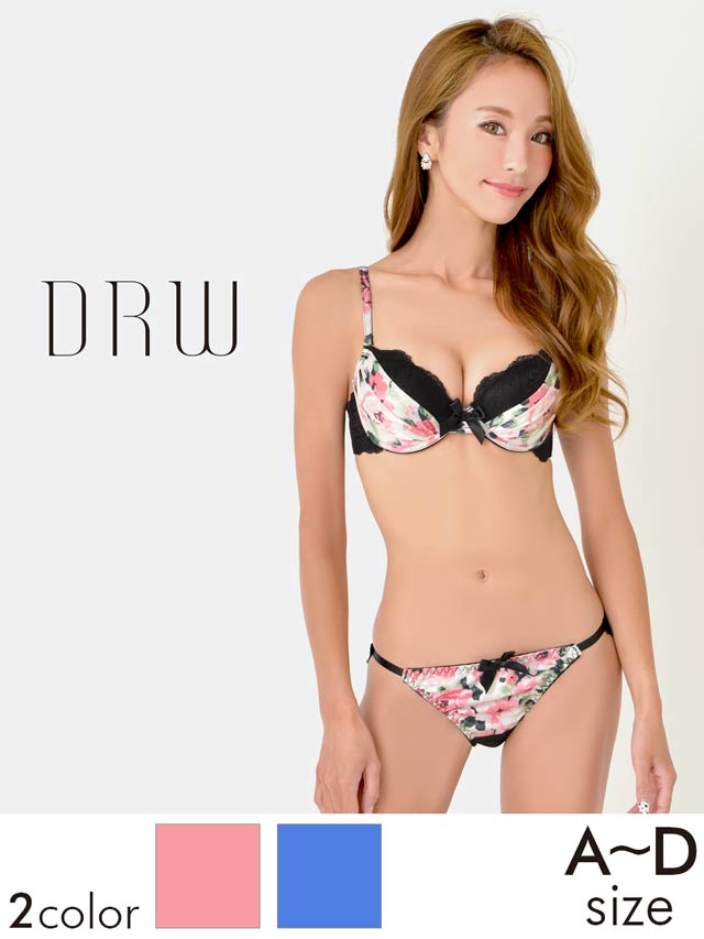 Flowerサテンxブラックレースブラジャー＆フルバックショーツの通販は