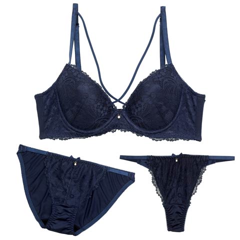 下着・アンダーウェア blue 3点セット】オールフラワーレーシィクロス育乳ブラジャー&フルバック&T