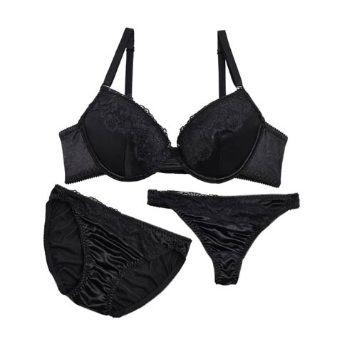 3点セット】ビビッドサテンxブラックレースブラジャー&フルバック&T