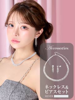 [2点SET]ブリリアントラインストーンネックレス＆ピアスセット[店内アクセ]