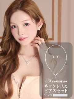 [2点SET]スクエアカットビジューネックレス＆ピアスセット[店内アクセ]