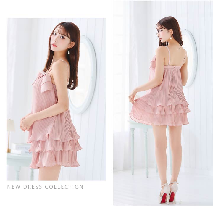 [伊藤桃々着用]ダブルリボン×ビジュー♪高見えフレアAラインミニ丈キャバドレス[XS~M/3サイズ展開]