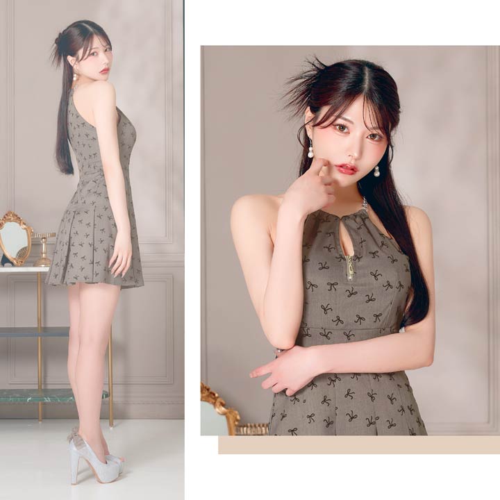 チェック柄で一足早く秋を先取り♪深めのカシュクールVネックから覗く美バストで魅了するAラインミニ丈キャバドレス