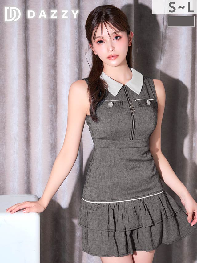9/30新作!首元ビジュー×リボンブローチ♪清楚愛されなお嬢様風裾チュールAラインミニ丈キャバドレス[SML/3サイズ展開]