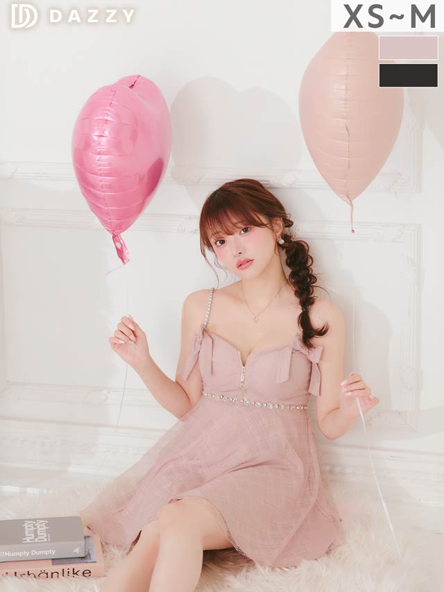 完売品♡えちあまチェックリボン×輝くビジューミニ丈キャバドレス ピンク わずか日で完売！えちあまチェックリボン×輝くビジュー胸元ジップA