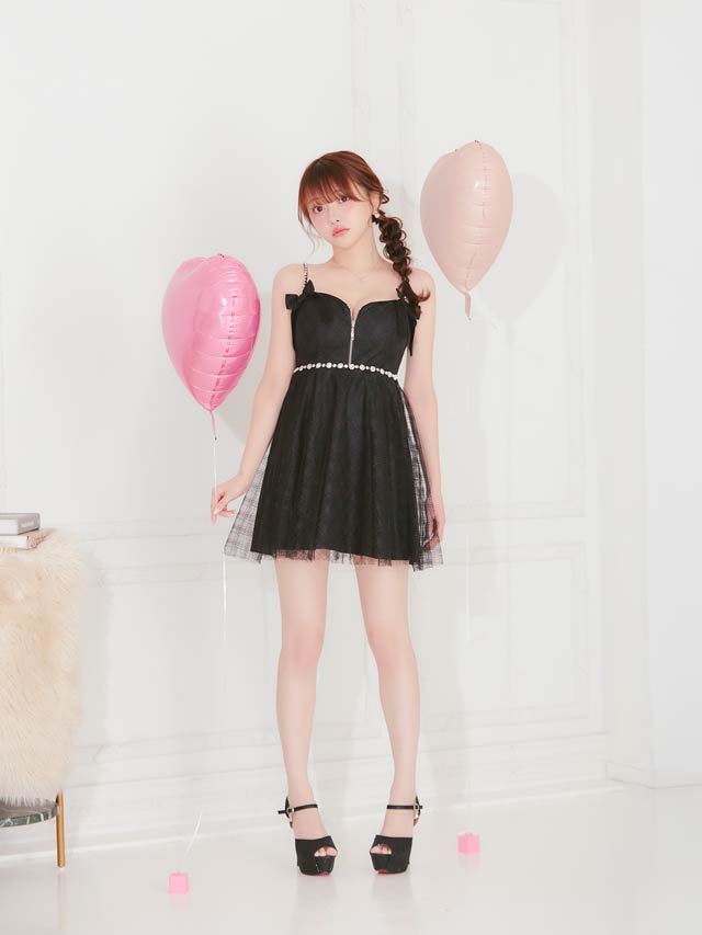 完売品♡えちあまチェックリボン×輝くビジューミニ丈キャバドレス ピンク わずか日で完売！えちあまチェックリボン×輝くビジュー胸元ジップA