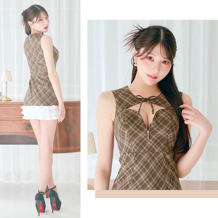 [明日花キララ着用]大人ガーリーフリル×煌めくビジュー♪お腹チラ魅せと首元リボンの最旬Aラインセットアップキャバドレス[XS~M/3サイズ展開]