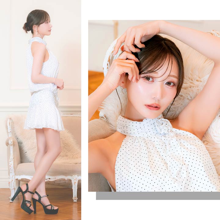 ホルターネック×ドット柄♪上品フレアAラインミニ丈キャバドレス[SML/3サイズ展開]
