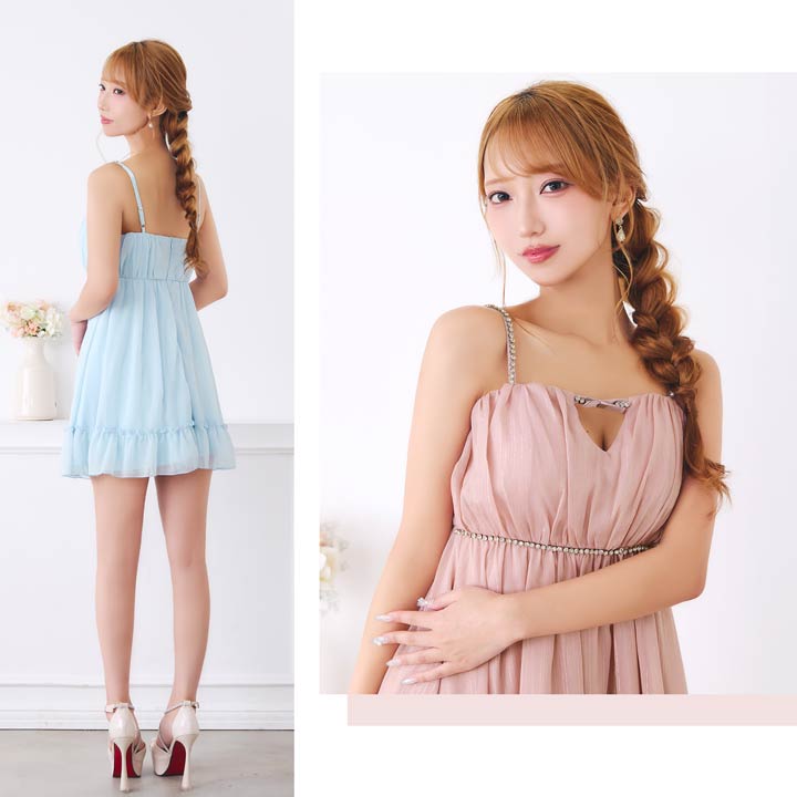8/21新作!シアーチュール×オフショルフリル♪上品な抜け感演出するタイトミニ丈キャバドレス[SML/3サイズ展開]