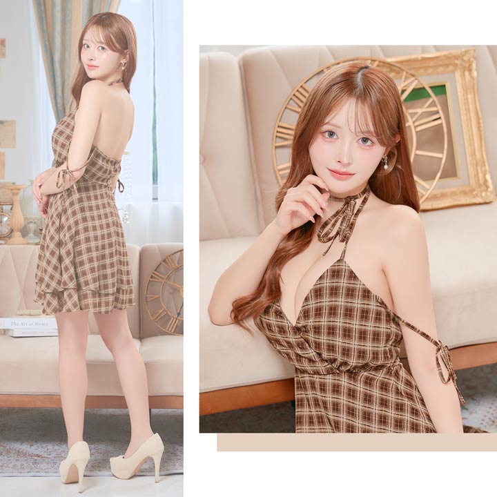チェック柄で一足早く秋を先取り♪深めのカシュクールVネックから覗く美バストで魅了するAラインミニ丈キャバドレス