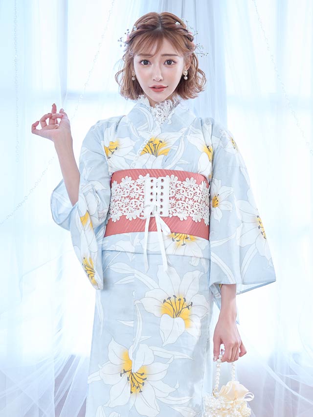 明日花キララ着用[3点SET]パステルゆり柄浴衣【2022年新作/YUKATA by