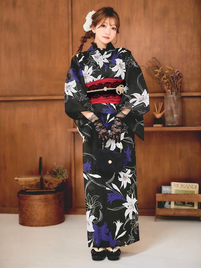 2点SET]黒地×百合柄浴衣【YUKATA by dazzy 2025】の通販はdazzystore