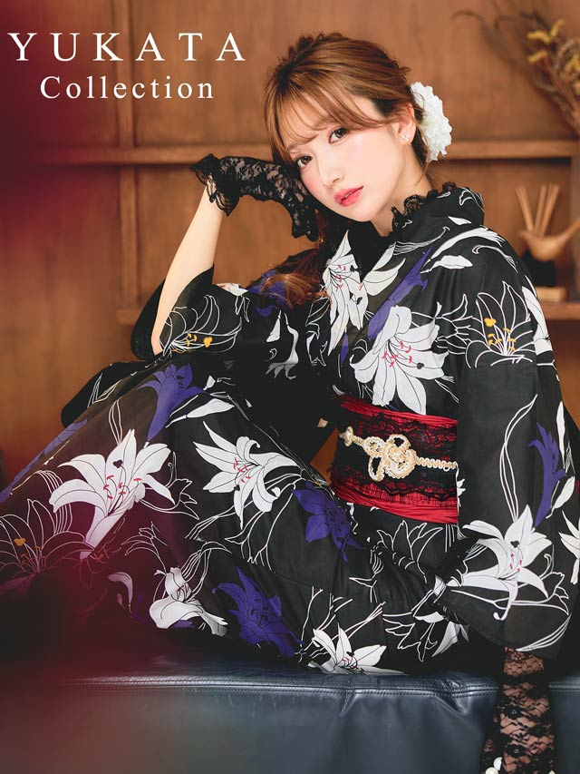 2点SET]黒地×百合柄浴衣【YUKATA by dazzy 2025】の通販はdazzystore