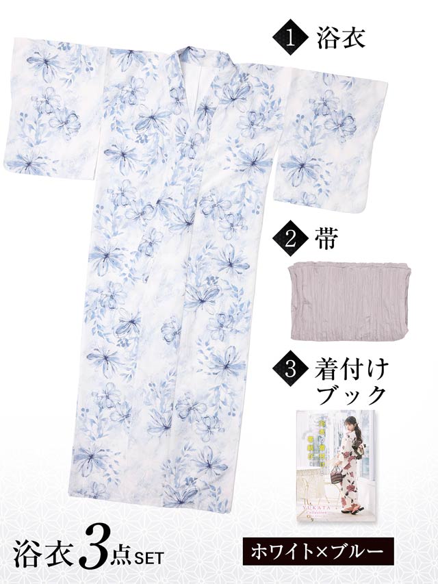 明日花キララ着用[3点SET]白地×水墨画風ブルー花柄【2024年新作/YUKATA