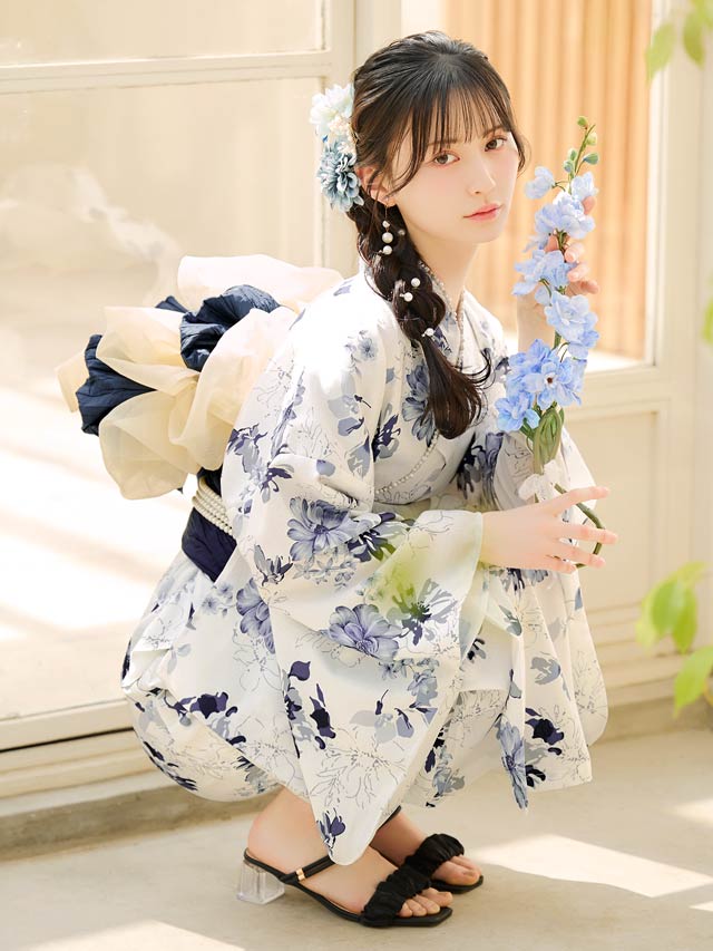 青紺ガーベラ×シルエット花柄[3点SET] ワンピース浴衣 予約:7/27頃より順次発送】[ワンピース浴衣] 青紺ガーベラ×シルエット