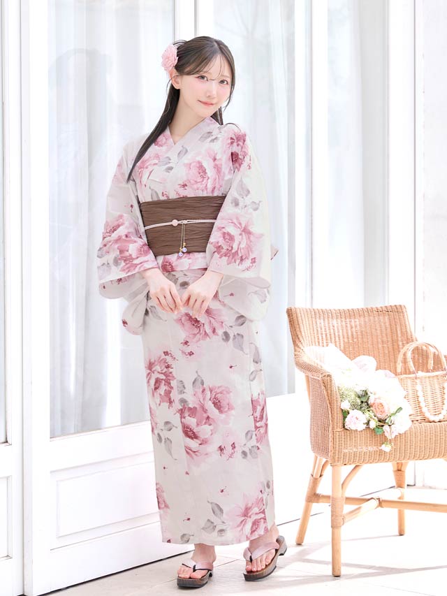 6/18新作!水彩ピンクローズ柄浴衣【2026年新作/YUKATA by dazzy】の
