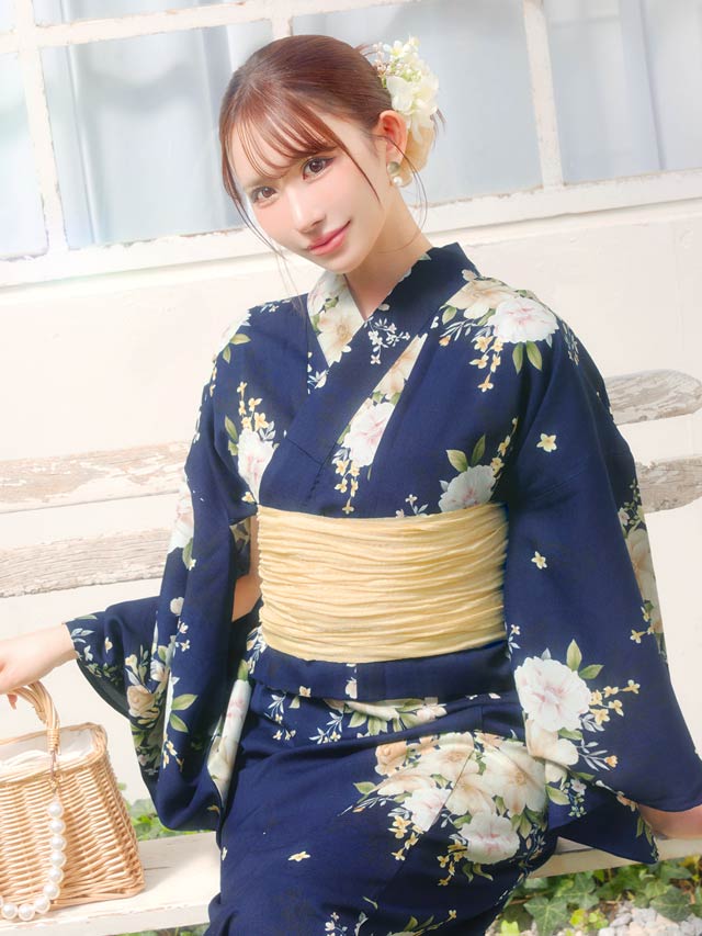 ワンピース浴衣][3点SET][2way] 紺色淡黄花柄浴衣【2026年新作/YUKATA