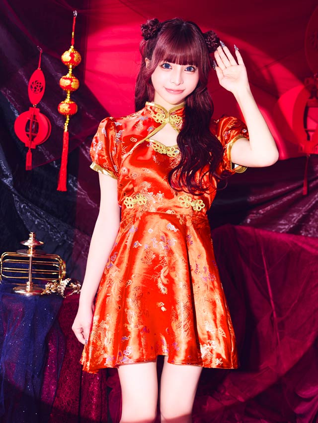 9/24再販![新色追加]イベントや双子コーデに映える♪胸元チラ見せガーリーAラインチャイナドレスコスチューム【2026ハロウィン/コスプレ】