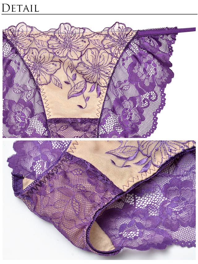 Reinest】SEXYレース花柄ブラジャー&バック透けフルバックショーツ 
