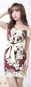 【盛りドレス】[SMLサイズ]エレガントflower刺繍xレースオフショルタイトミニドレス[3サイズ展開]